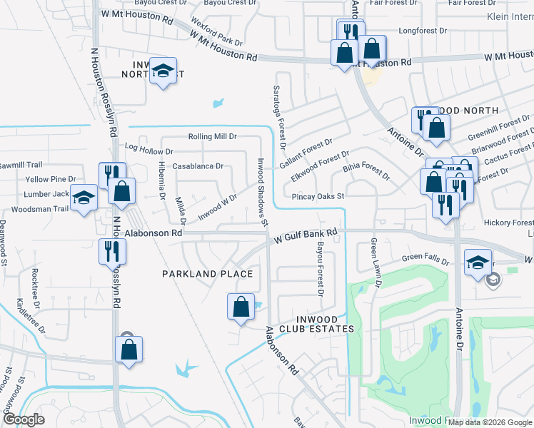 map of restaurants, bars, coffee shops, grocery stores, and more near 9926 Inwood Shadows Street in Houston