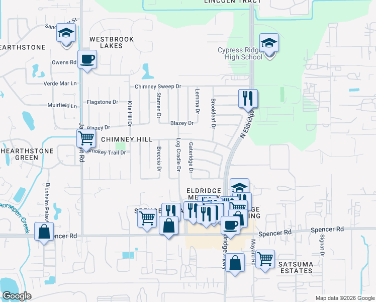 map of restaurants, bars, coffee shops, grocery stores, and more near 7423 Gateridge Drive in Houston