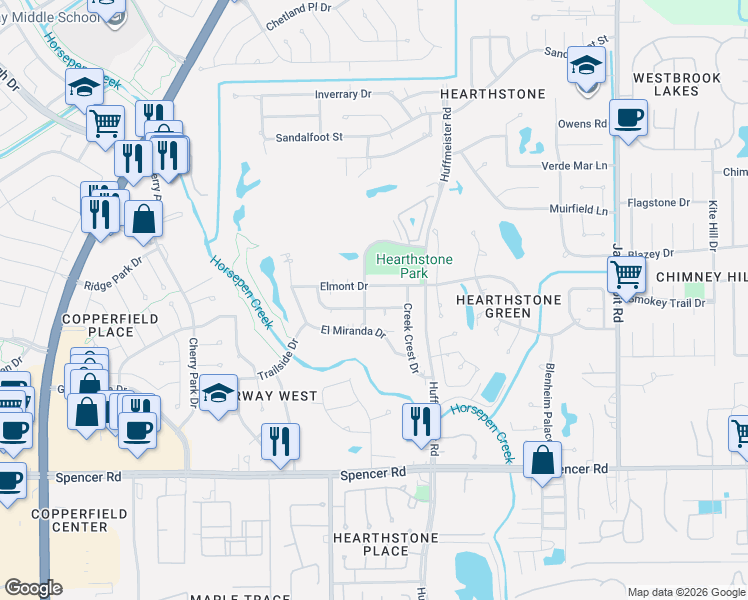 map of restaurants, bars, coffee shops, grocery stores, and more near 14823 Elmont Drive in Houston