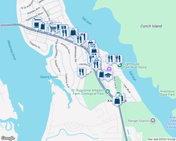 map of restaurants, bars, coffee shops, grocery stores, and more near 212 Carver Street West in St. Augustine
