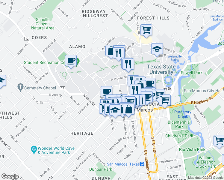 map of restaurants, bars, coffee shops, grocery stores, and more near 410 North Street in San Marcos