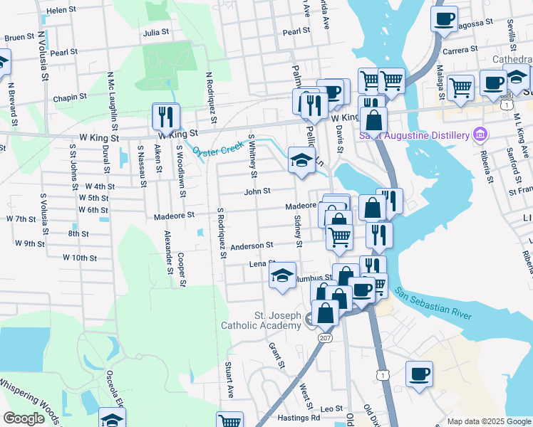 map of restaurants, bars, coffee shops, grocery stores, and more near 43 Madeore Street in St. Augustine