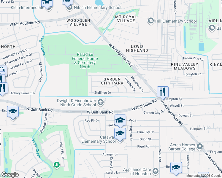 map of restaurants, bars, coffee shops, grocery stores, and more near 9919 Genemaury Street in Houston