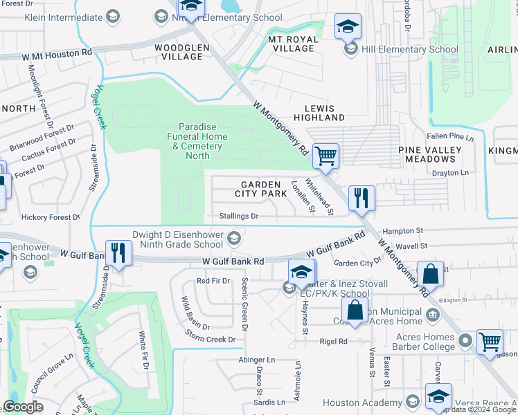 map of restaurants, bars, coffee shops, grocery stores, and more near 9919 Genemaury Street in Houston