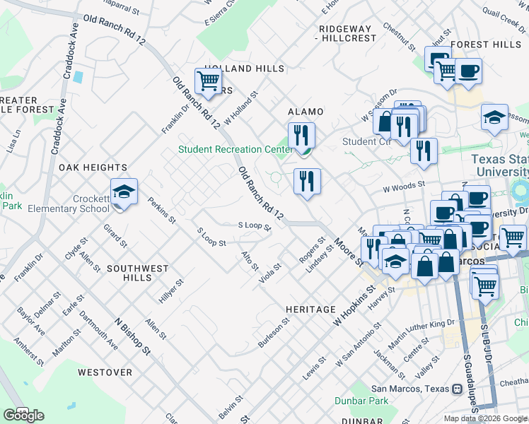 map of restaurants, bars, coffee shops, grocery stores, and more near 835 Ranch Road 12 in San Marcos