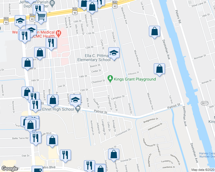 map of restaurants, bars, coffee shops, grocery stores, and more near 1505 Farrington Drive in Marrero
