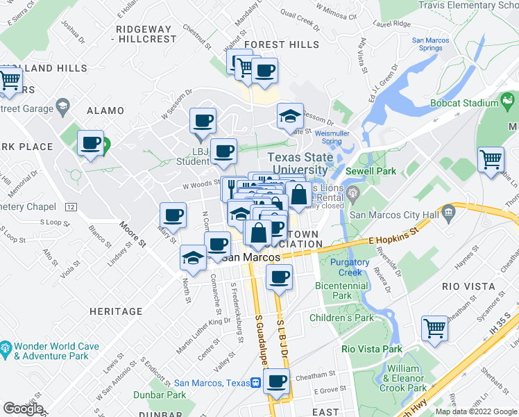 map of restaurants, bars, coffee shops, grocery stores, and more near 415 North LBJ Drive in San Marcos