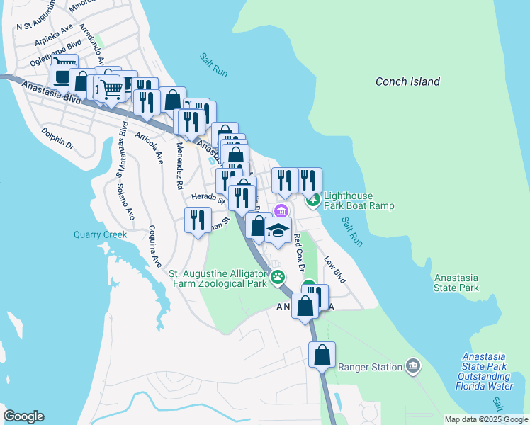 map of restaurants, bars, coffee shops, grocery stores, and more near 73 Magnolia Drive in St. Augustine