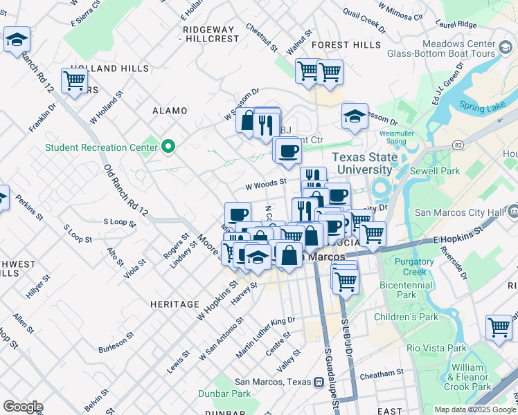 map of restaurants, bars, coffee shops, grocery stores, and more near 323 Lindsey Street in San Marcos