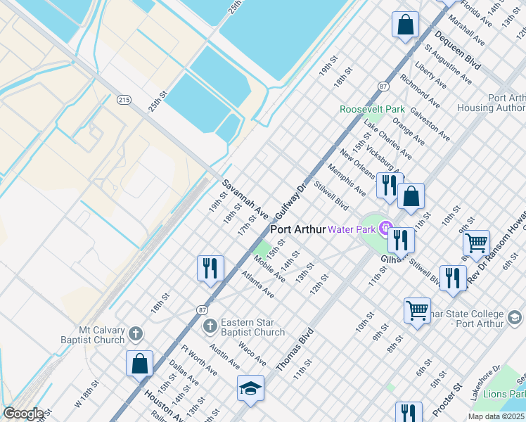map of restaurants, bars, coffee shops, grocery stores, and more near 1746 Savannah Avenue in Port Arthur
