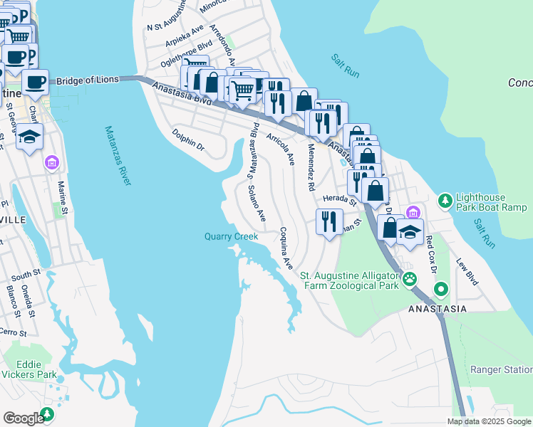 map of restaurants, bars, coffee shops, grocery stores, and more near 30 Solano Avenue in St. Augustine
