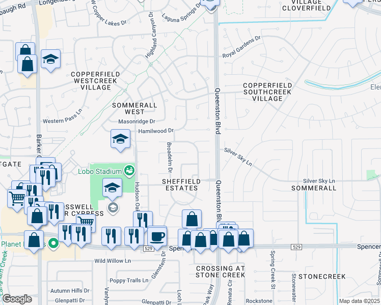 map of restaurants, bars, coffee shops, grocery stores, and more near 17202 Haley Falls Lane in Houston