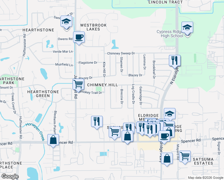 map of restaurants, bars, coffee shops, grocery stores, and more near 7427 Stone Pine Lane in Houston
