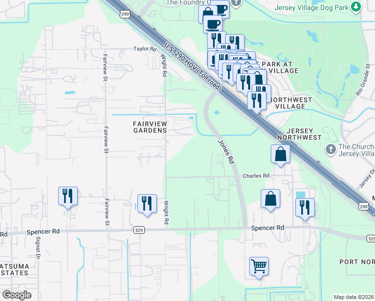 map of restaurants, bars, coffee shops, grocery stores, and more near 7420 Wright Road in Houston