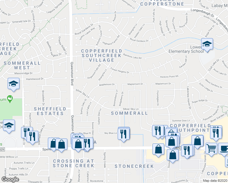 map of restaurants, bars, coffee shops, grocery stores, and more near 16707 Pebbleglen Drive in Houston