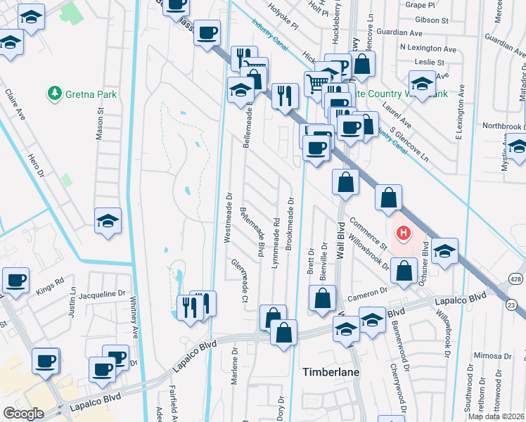 map of restaurants, bars, coffee shops, grocery stores, and more near 329 Briargrove Street in Gretna