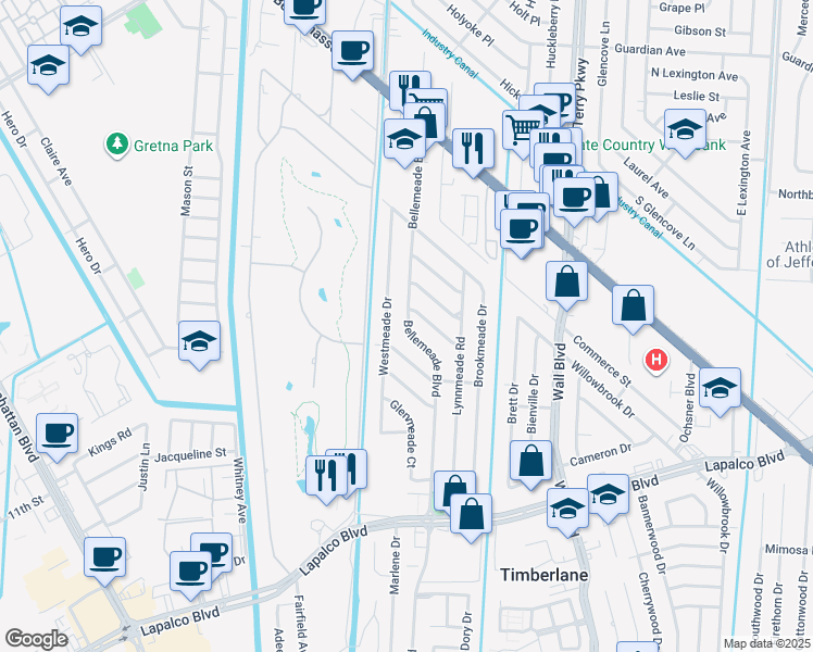 map of restaurants, bars, coffee shops, grocery stores, and more near 380 Bellemeade Boulevard in Gretna