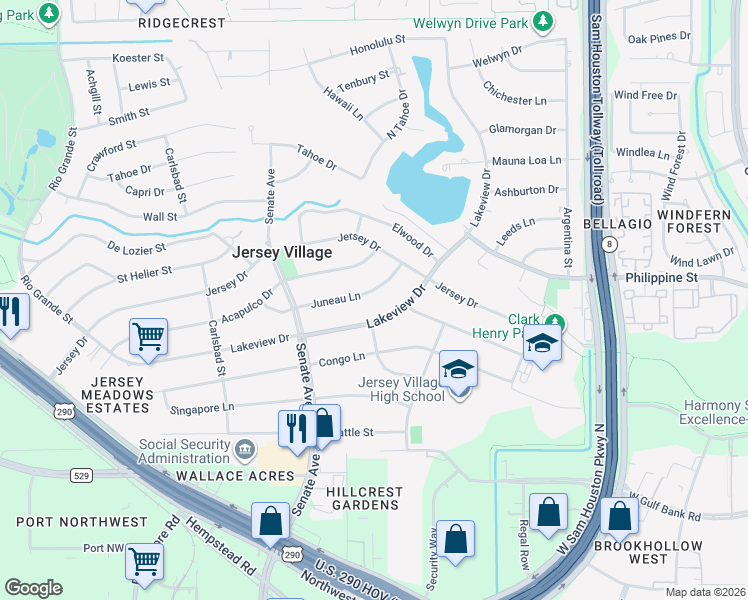 map of restaurants, bars, coffee shops, grocery stores, and more near 15729 Juneau Ln in Jersey Village