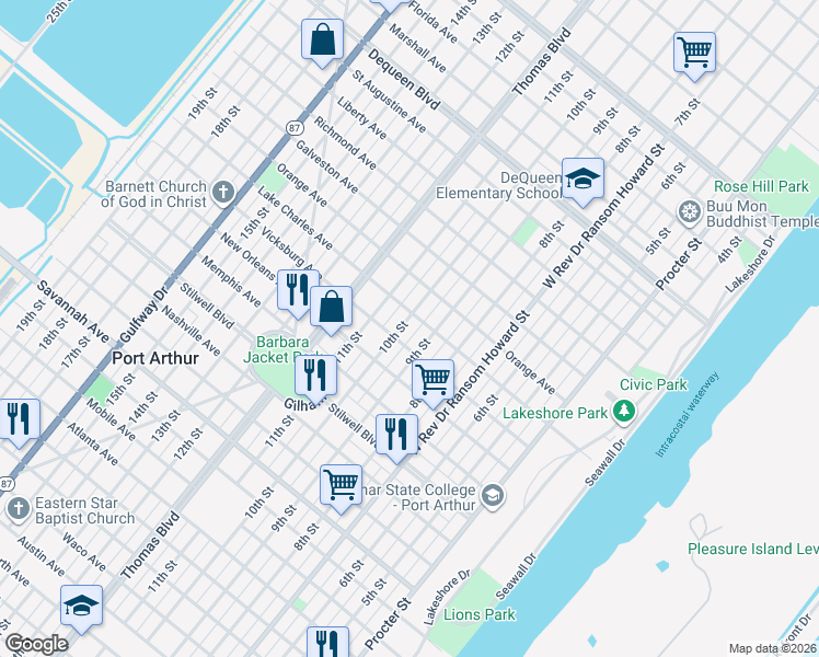map of restaurants, bars, coffee shops, grocery stores, and more near 1824 10th Street in Port Arthur