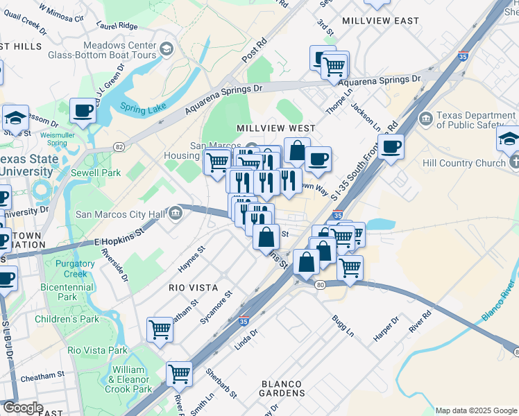 map of restaurants, bars, coffee shops, grocery stores, and more near 1180 Thorpe Lane in San Marcos