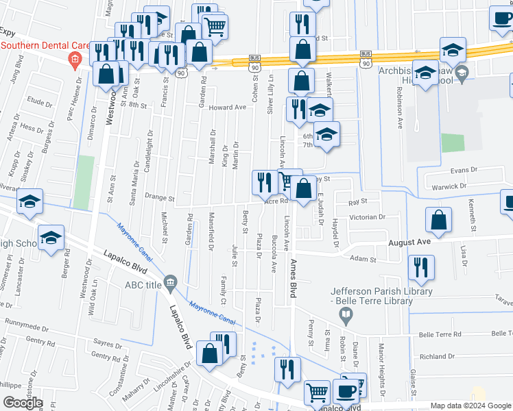 map of restaurants, bars, coffee shops, grocery stores, and more near 6405 Acre Road in Marrero