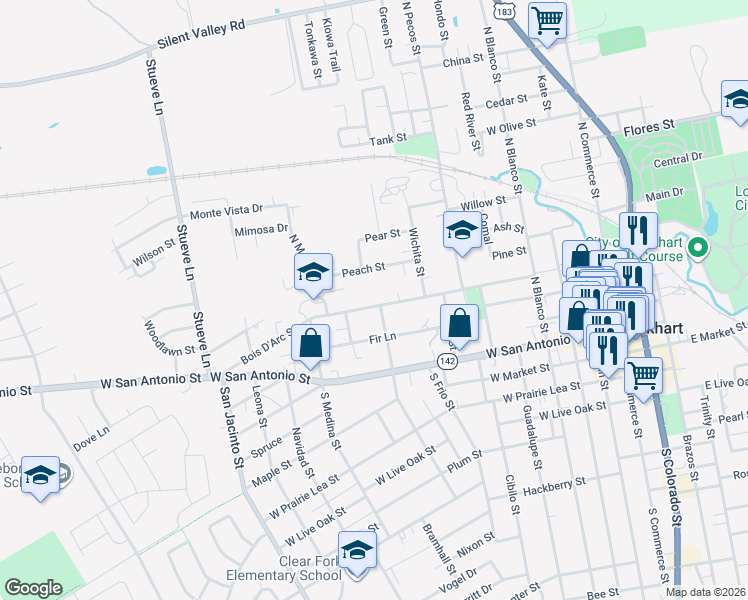map of restaurants, bars, coffee shops, grocery stores, and more near 639 Bois D'Arc Street in Lockhart