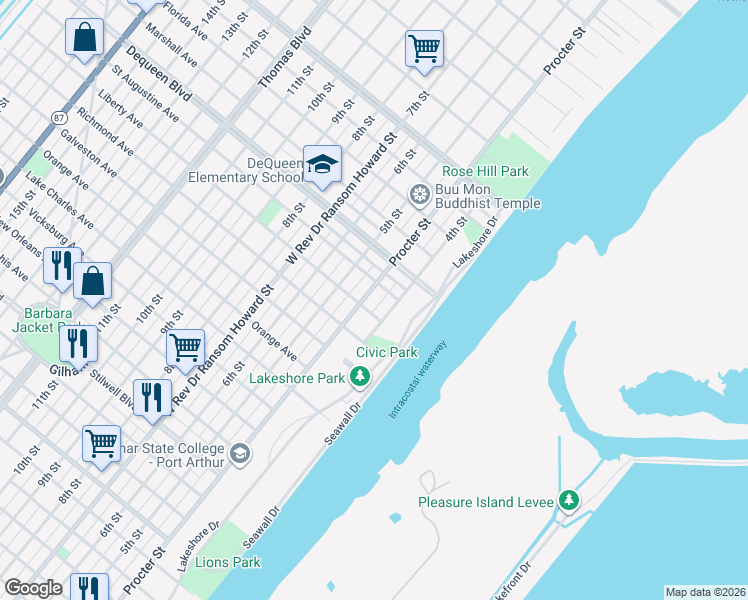 map of restaurants, bars, coffee shops, grocery stores, and more near 2312 Procter Street in Port Arthur