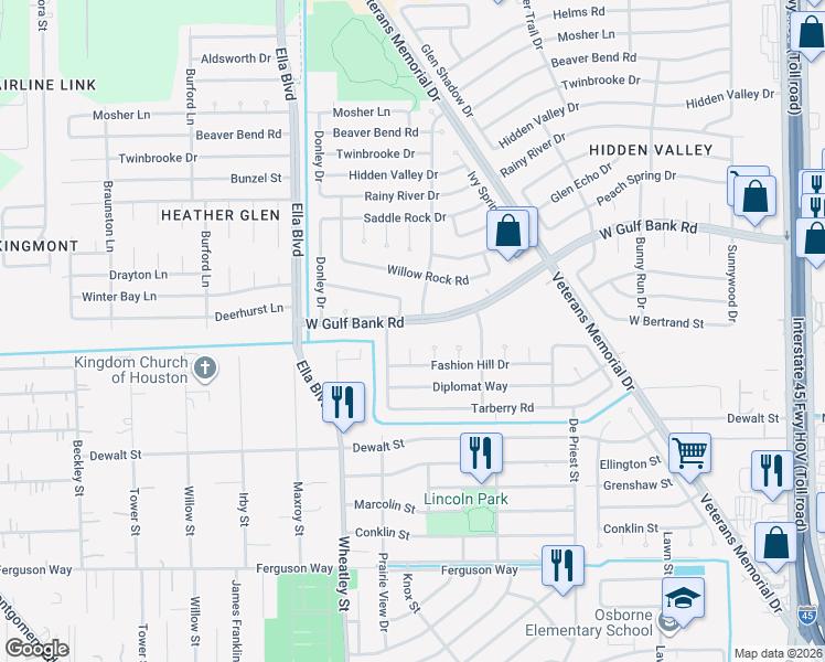 map of restaurants, bars, coffee shops, grocery stores, and more near 1507 West Gulf Bank Road in Houston