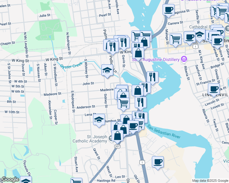 map of restaurants, bars, coffee shops, grocery stores, and more near 4 Eastman Street in St. Augustine