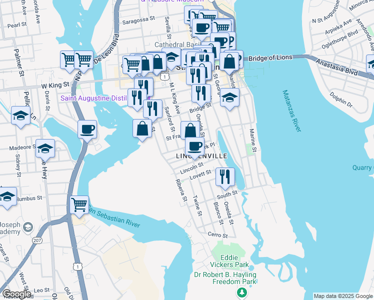 map of restaurants, bars, coffee shops, grocery stores, and more near 100 Martin Luther King Avenue in St. Augustine