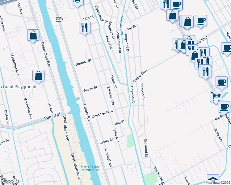 map of restaurants, bars, coffee shops, grocery stores, and more near 1734 Esther Street in Harvey