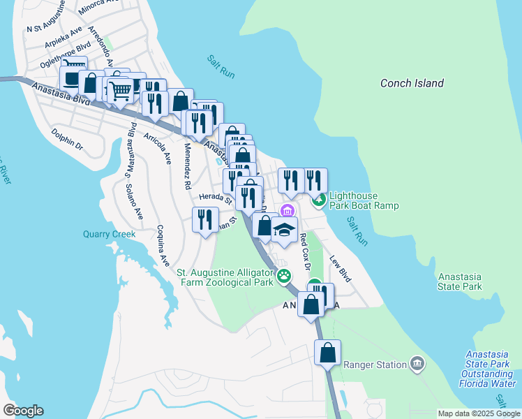 map of restaurants, bars, coffee shops, grocery stores, and more near 73 Magnolia Drive in St. Augustine