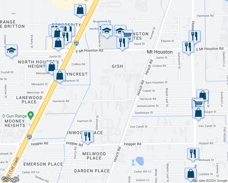map of restaurants, bars, coffee shops, grocery stores, and more near 5315 Hartwick Road in Houston