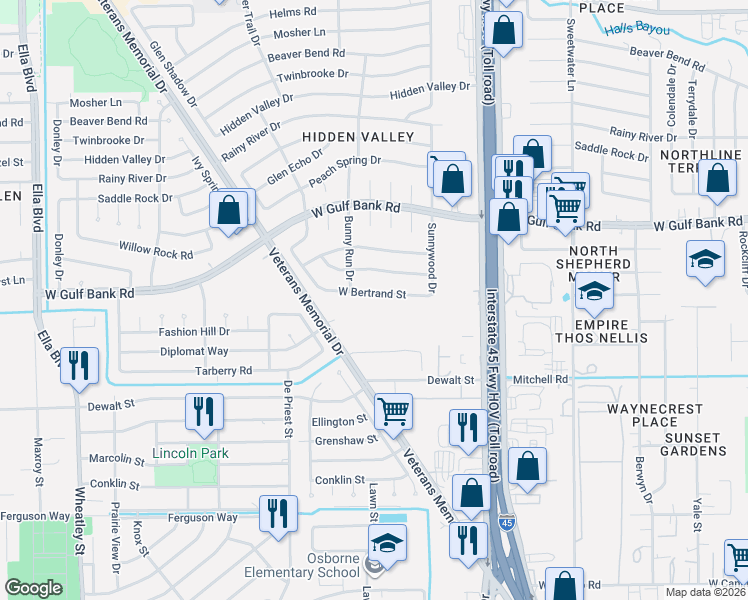 map of restaurants, bars, coffee shops, grocery stores, and more near 939 West Bertrand Street in Houston