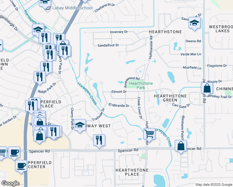 map of restaurants, bars, coffee shops, grocery stores, and more near 14919 Elmont Drive in Houston