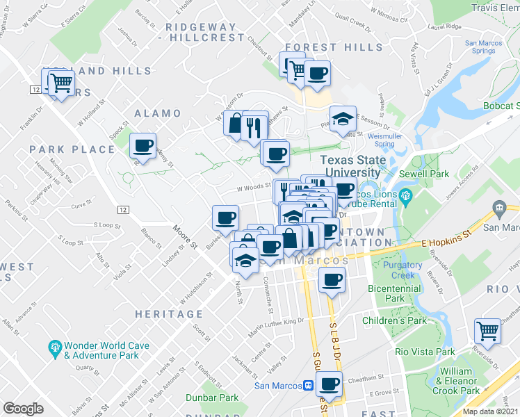 map of restaurants, bars, coffee shops, grocery stores, and more near 428 North Comanche Street in San Marcos