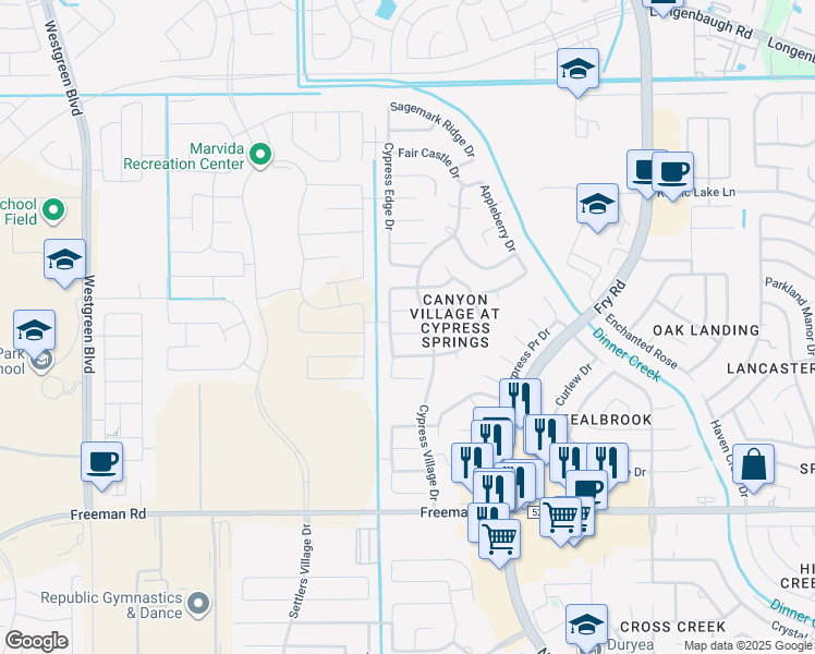 map of restaurants, bars, coffee shops, grocery stores, and more near 20718 Key Oak Lane in Cypress