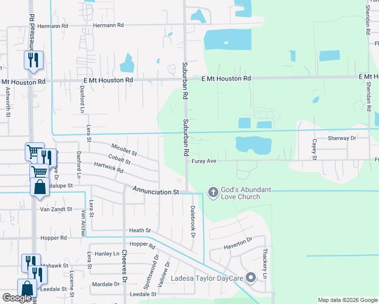 map of restaurants, bars, coffee shops, grocery stores, and more near 11418 Suburban Road in Houston