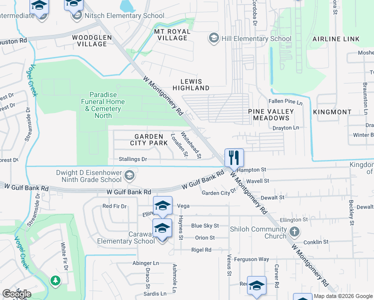 map of restaurants, bars, coffee shops, grocery stores, and more near 9910 Lonallen Street in Houston