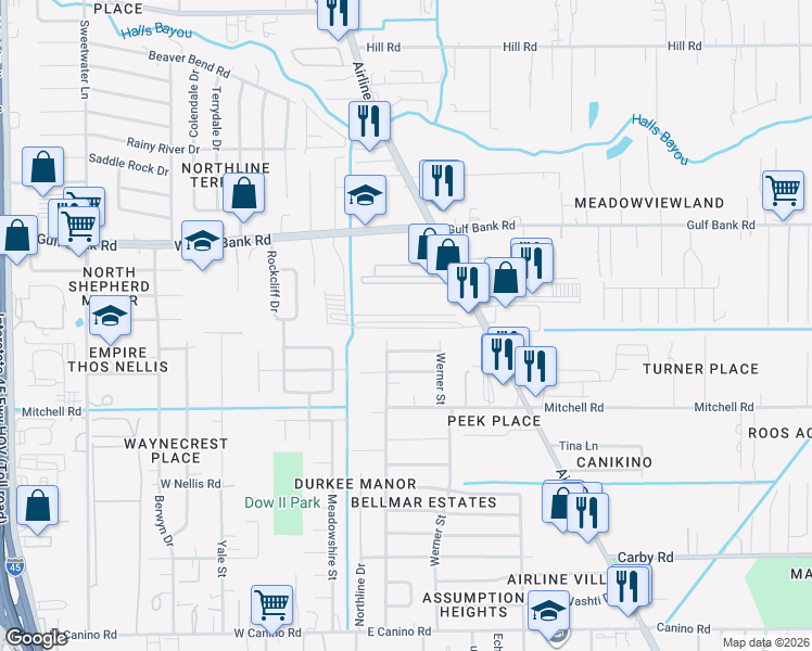 map of restaurants, bars, coffee shops, grocery stores, and more near 8707 Airline Drive in Houston