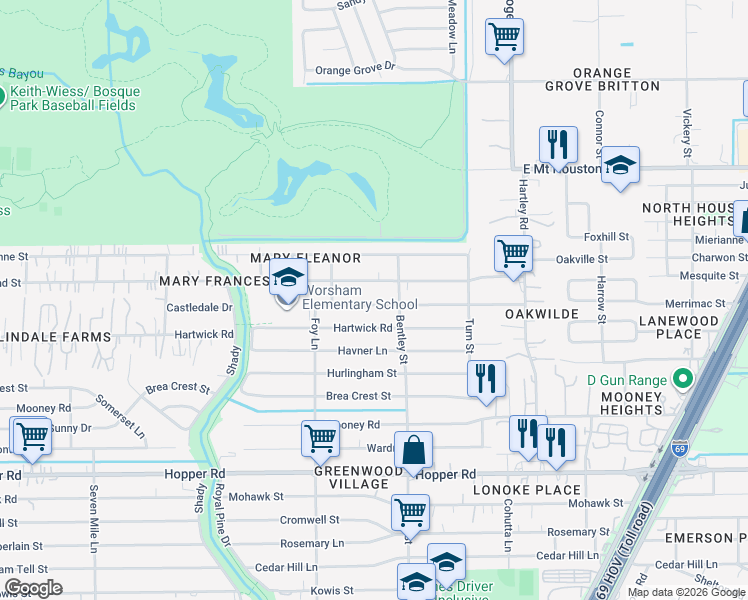 map of restaurants, bars, coffee shops, grocery stores, and more near 3303 Castledale Drive in Houston