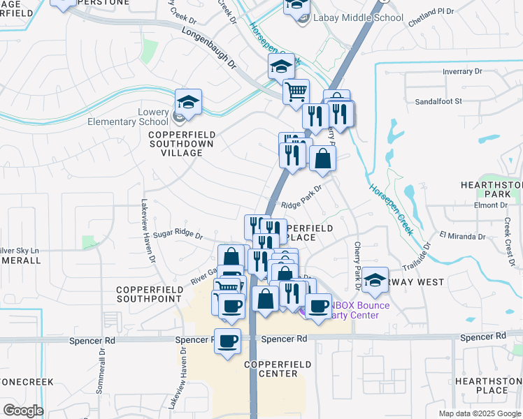 map of restaurants, bars, coffee shops, grocery stores, and more near 7454 River Garden Drive in Houston