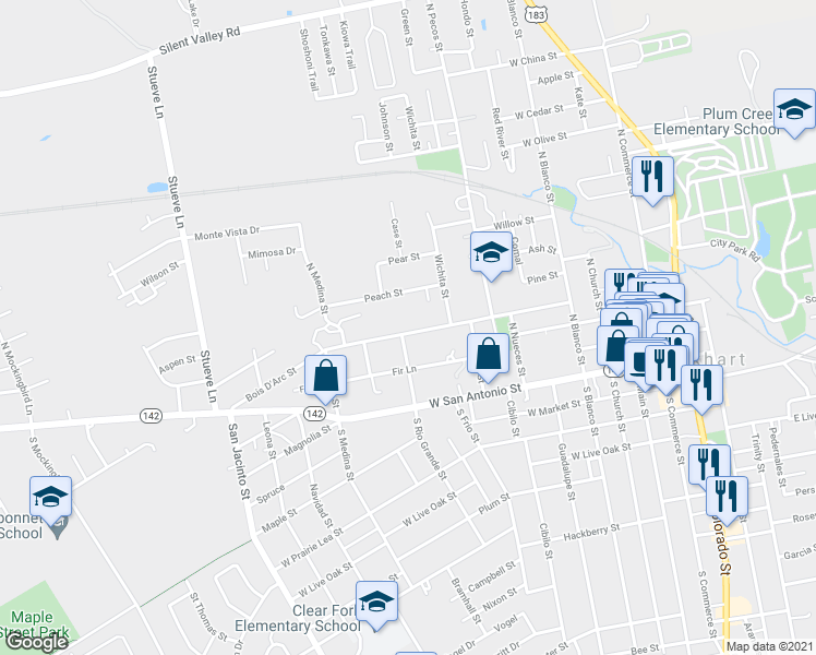 map of restaurants, bars, coffee shops, grocery stores, and more near 639 Bois D'Arc Street in Lockhart
