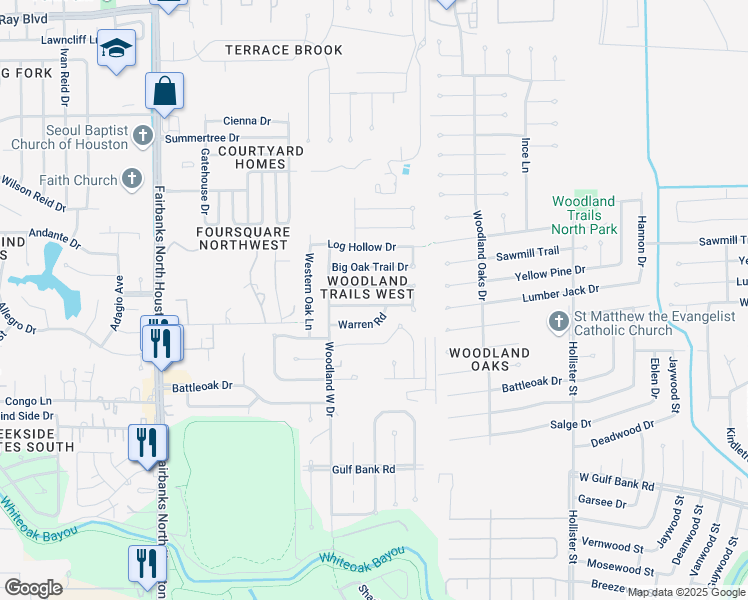 map of restaurants, bars, coffee shops, grocery stores, and more near 8110 Sweetgum Trace Drive in Houston