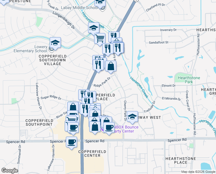 map of restaurants, bars, coffee shops, grocery stores, and more near 7419 Hollow Ridge Drive in Houston