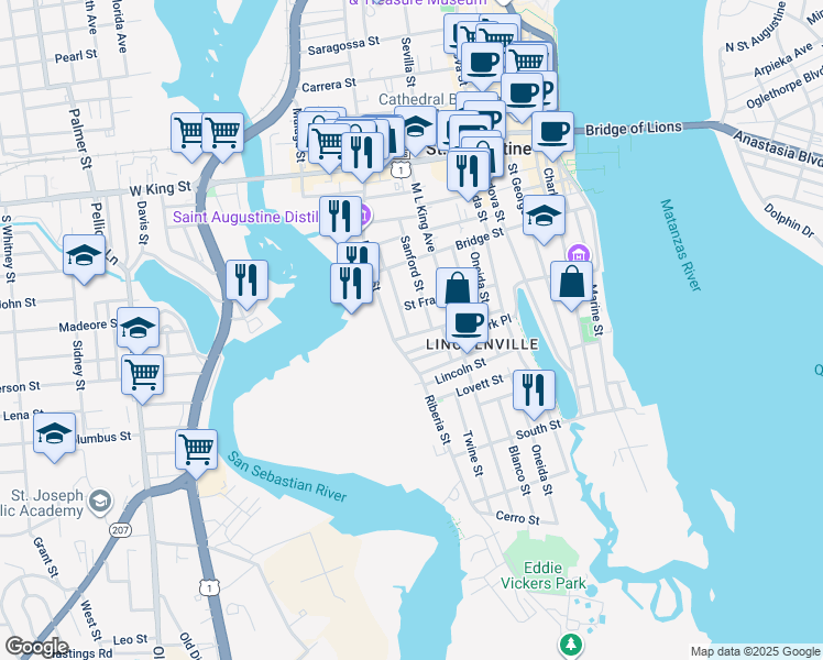 map of restaurants, bars, coffee shops, grocery stores, and more near 81 Weeden Street in St. Augustine