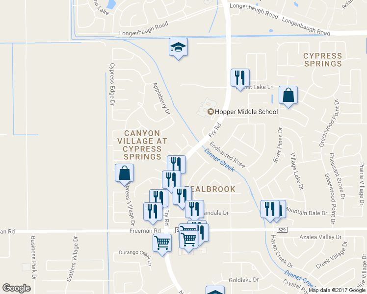 map of restaurants, bars, coffee shops, grocery stores, and more near 20502 Baden Hollow Lane in Cypress