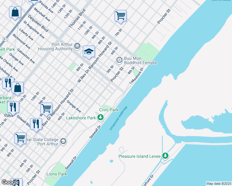 map of restaurants, bars, coffee shops, grocery stores, and more near 2414 4th St in Port Arthur