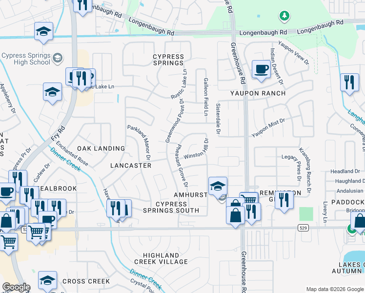 map of restaurants, bars, coffee shops, grocery stores, and more near 7422 Pheasant Grove Dr in Cypress