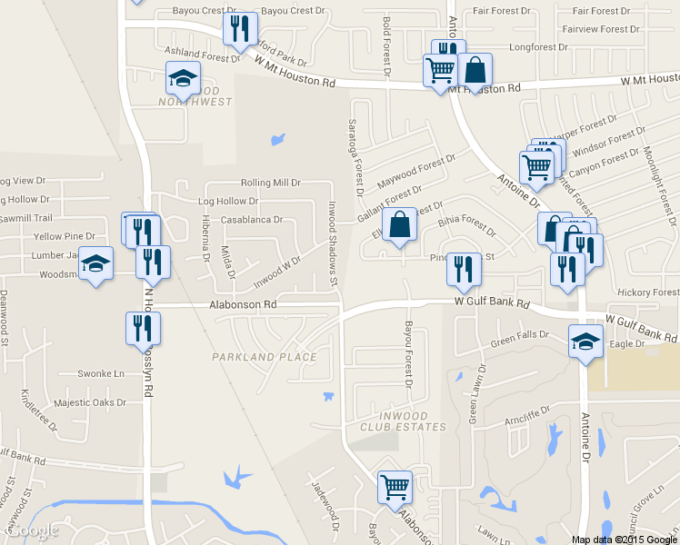 map of restaurants, bars, coffee shops, grocery stores, and more near 9926 Inwood Shadows Street in Houston
